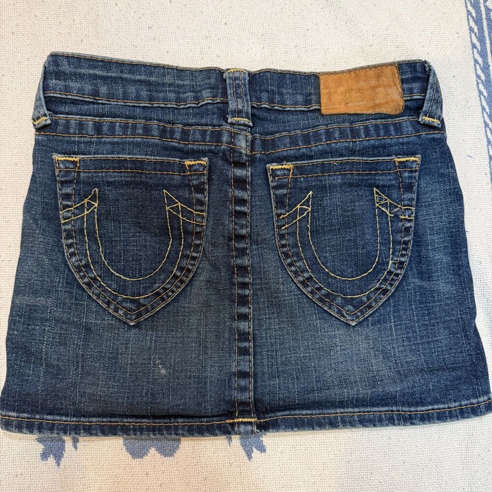 true religion denim jean mini skirt with horeseshoe logo embroidered pockets